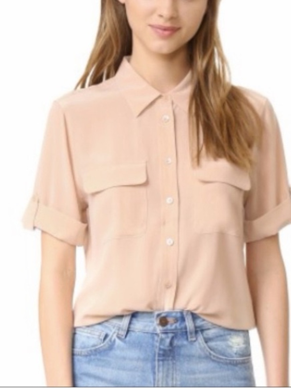 Equipment Womens Short Sleeve Button Front Blouse in Peach Blush
